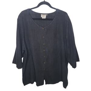 Vintage Hot Cotton 100% Linen Button Down Shirt 1X Snaps Goth Cottage Lagenlook